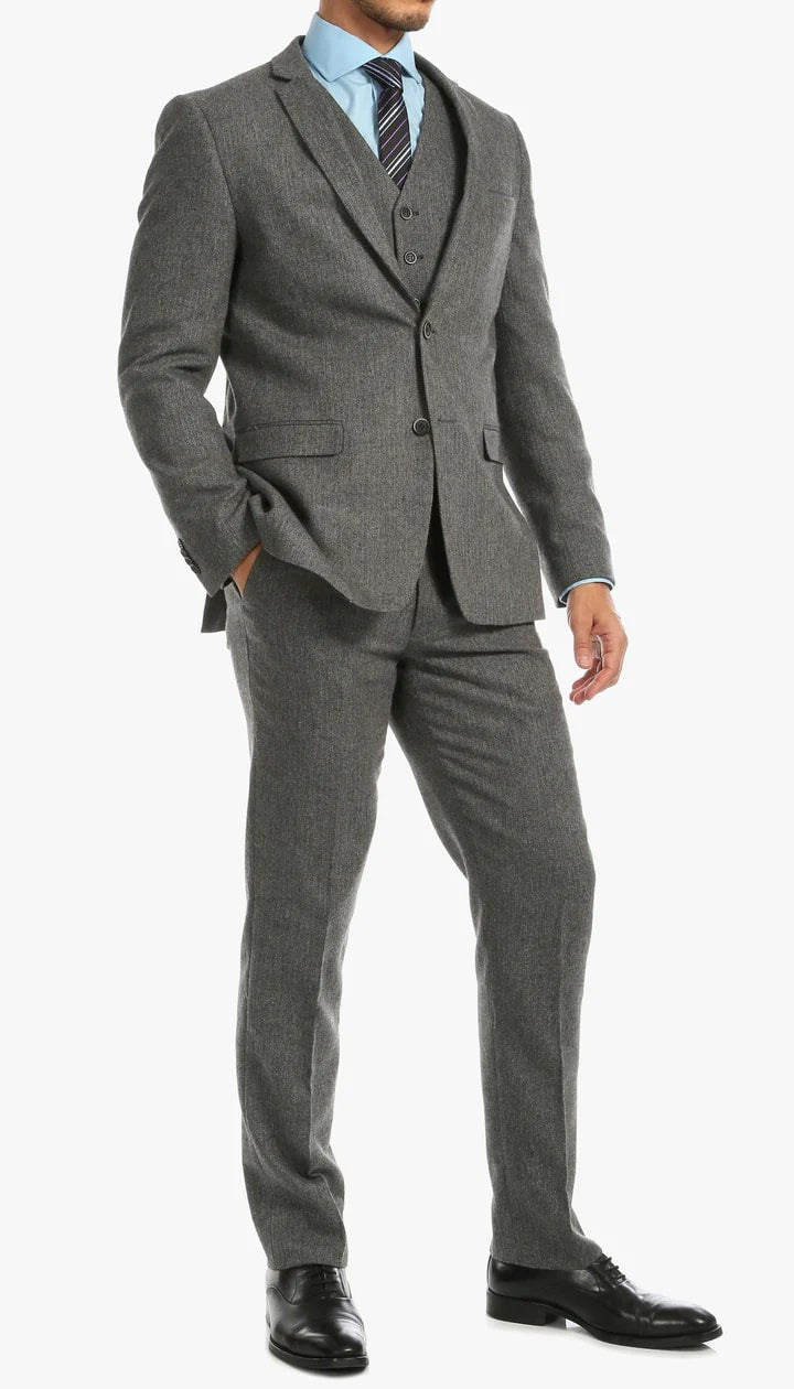 York Grey Slim Fit 3 Piece Herringbone Suit - 38 Short Jacket+32 Waist Adjustable 28to34)(Height: 5 4 to5 7 )(Neck  15-16.5)S-M)