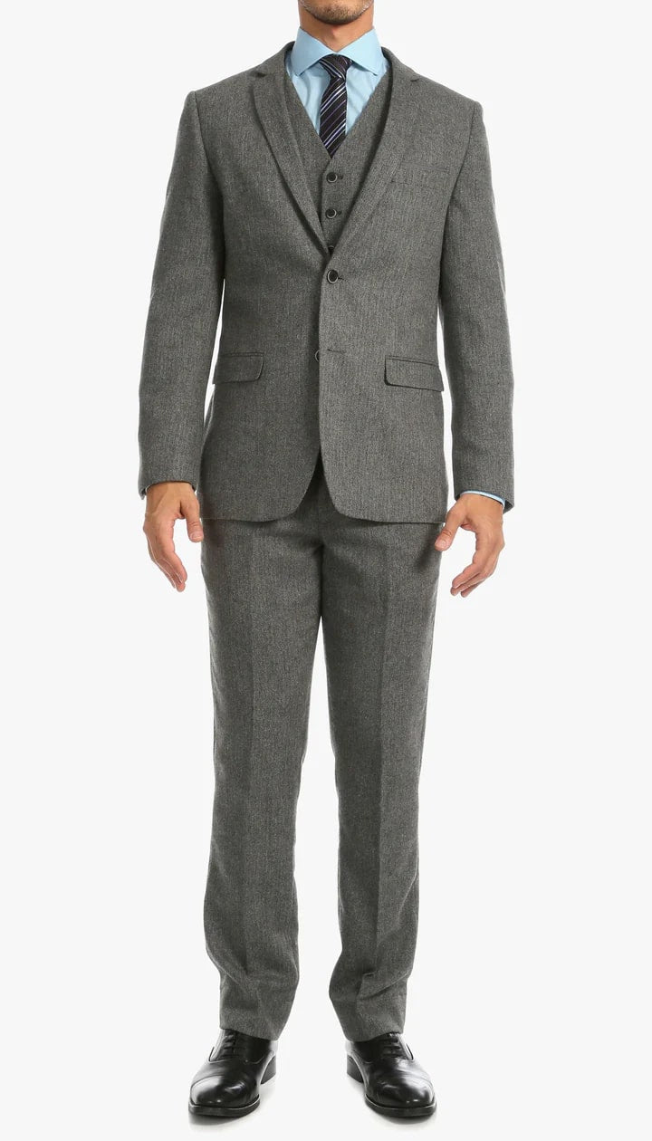 York Grey Slim Fit 3 Piece Herringbone Suit - 38 Short Jacket+32 Waist Adjustable 28to34)(Height: 5 4 to5 7 )(Neck  15-16.5)S-M)