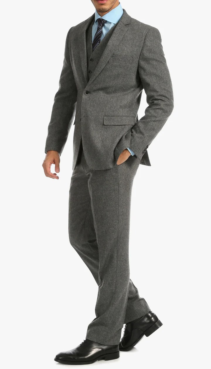 York Grey Slim Fit 3 Piece Herringbone Suit - 38 Short Jacket+32 Waist Adjustable 28to34)(Height: 5 4 to5 7 )(Neck  15-16.5)S-M)