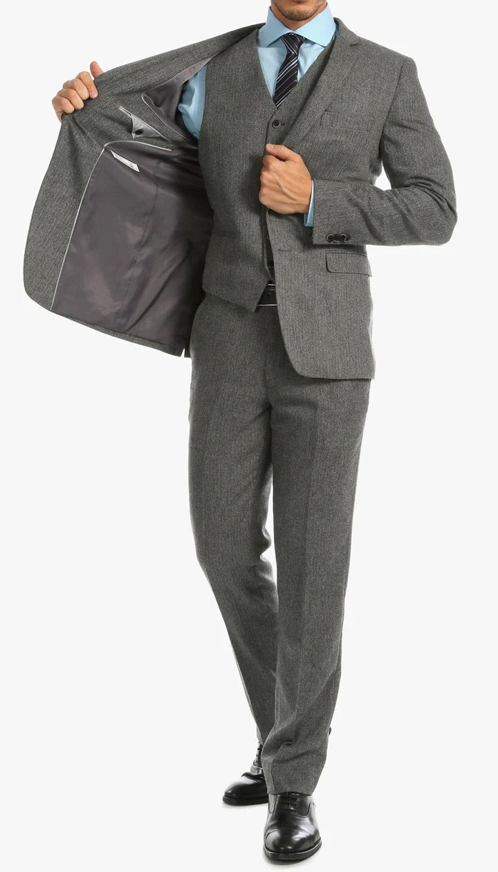 York Grey Slim Fit 3 Piece Herringbone Suit - 38 Short Jacket+32 Waist Adjustable 28to34)(Height: 5 4 to5 7 )(Neck  15-16.5)S-M)