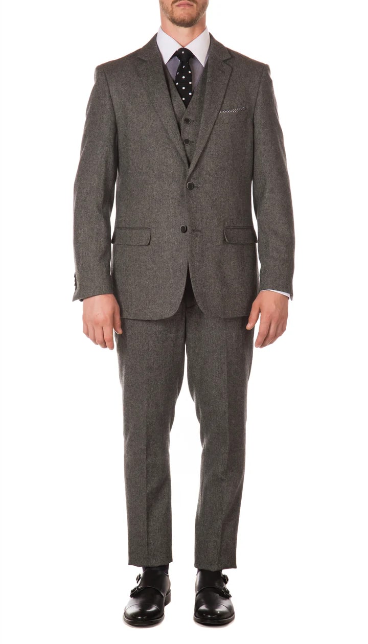 York Grey Slim Fit 3 Piece Herringbone Suit - 38 Short Jacket+32 Waist Adjustable 28to34)(Height: 5 4 to5 7 )(Neck  15-16.5)S-M)