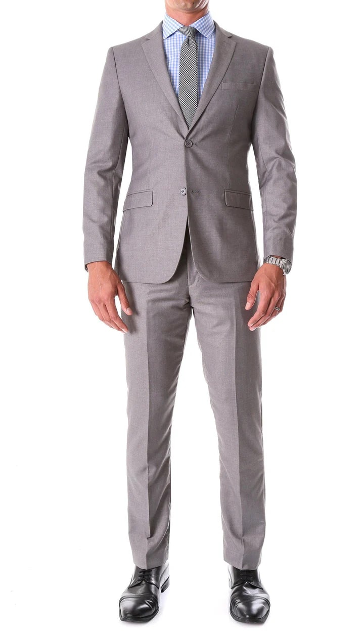 Oslo Grey Notch Lapel 2 Piece Slim Fit Suit - 38 Short Jacket+32 Waist Adjustable 28to34)(Height: 5 4 to5 7 )(Neck  15-16.5)S-M)