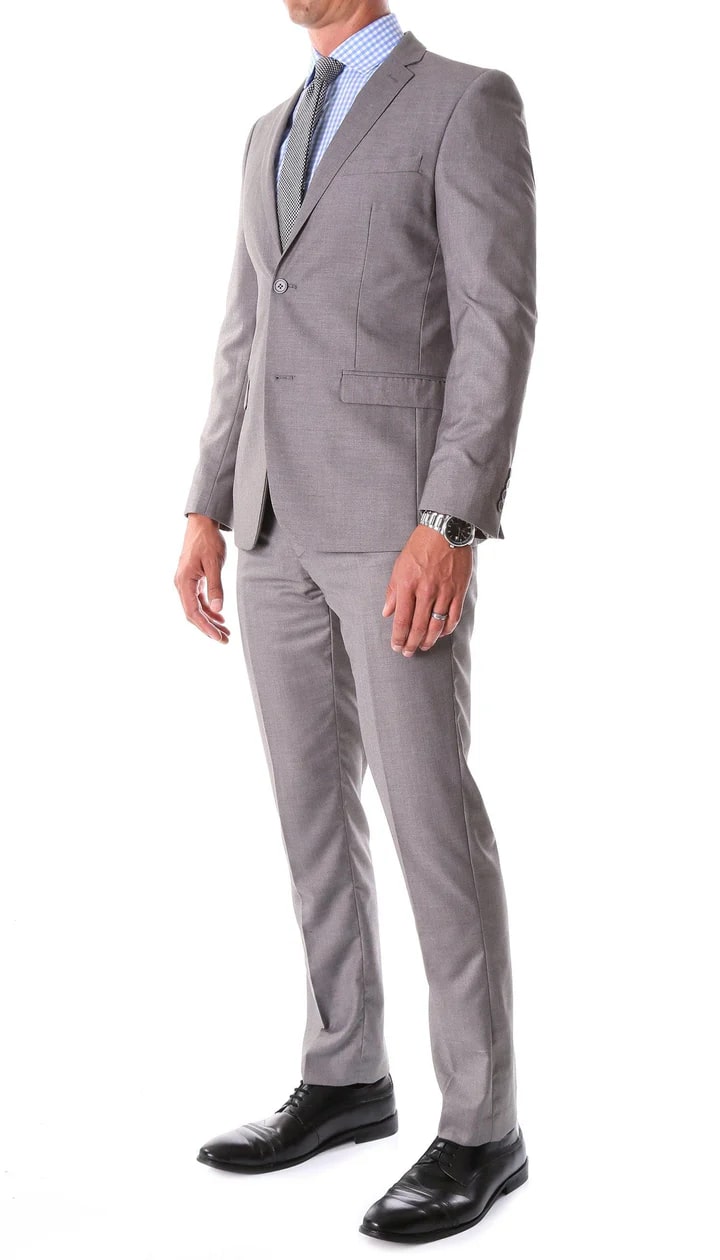 Oslo Grey Notch Lapel 2 Piece Slim Fit Suit - 38 Short Jacket+32 Waist Adjustable 28to34)(Height: 5 4 to5 7 )(Neck  15-16.5)S-M)