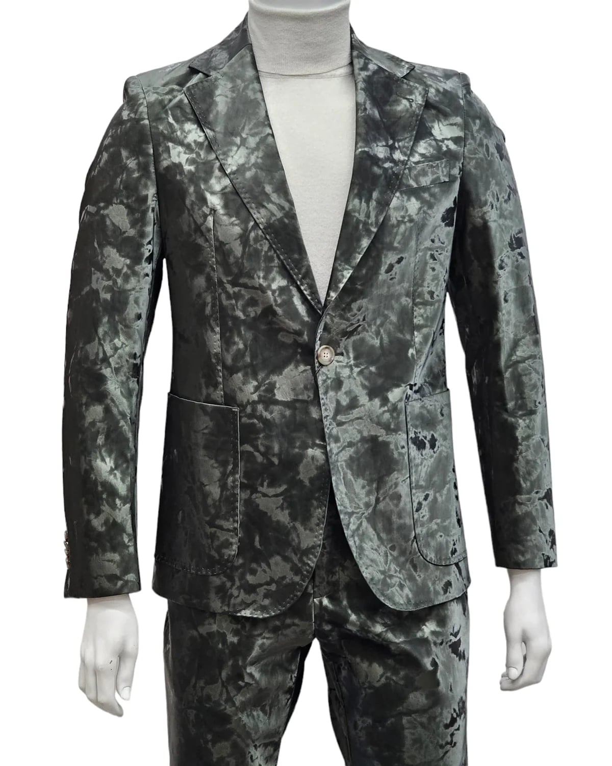 Mens 1 Button Slim Fit Faux Leather with Patch Pockets Green Suit - 34 Short or Extra Small