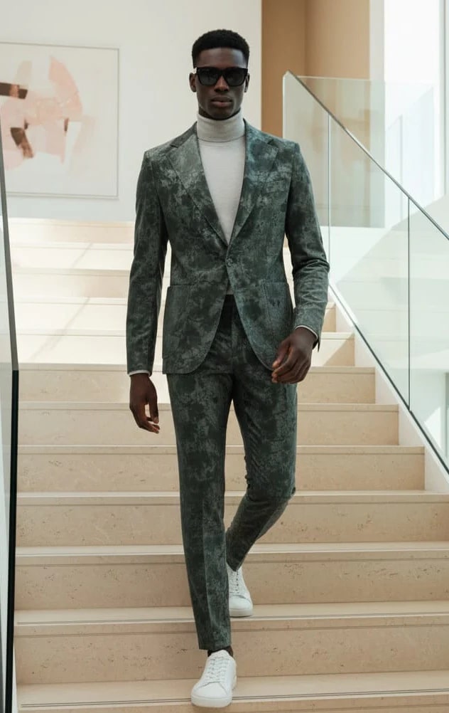 Mens 1 Button Slim Fit Faux Leather with Patch Pockets Green Suit - 34 Short or Extra Small