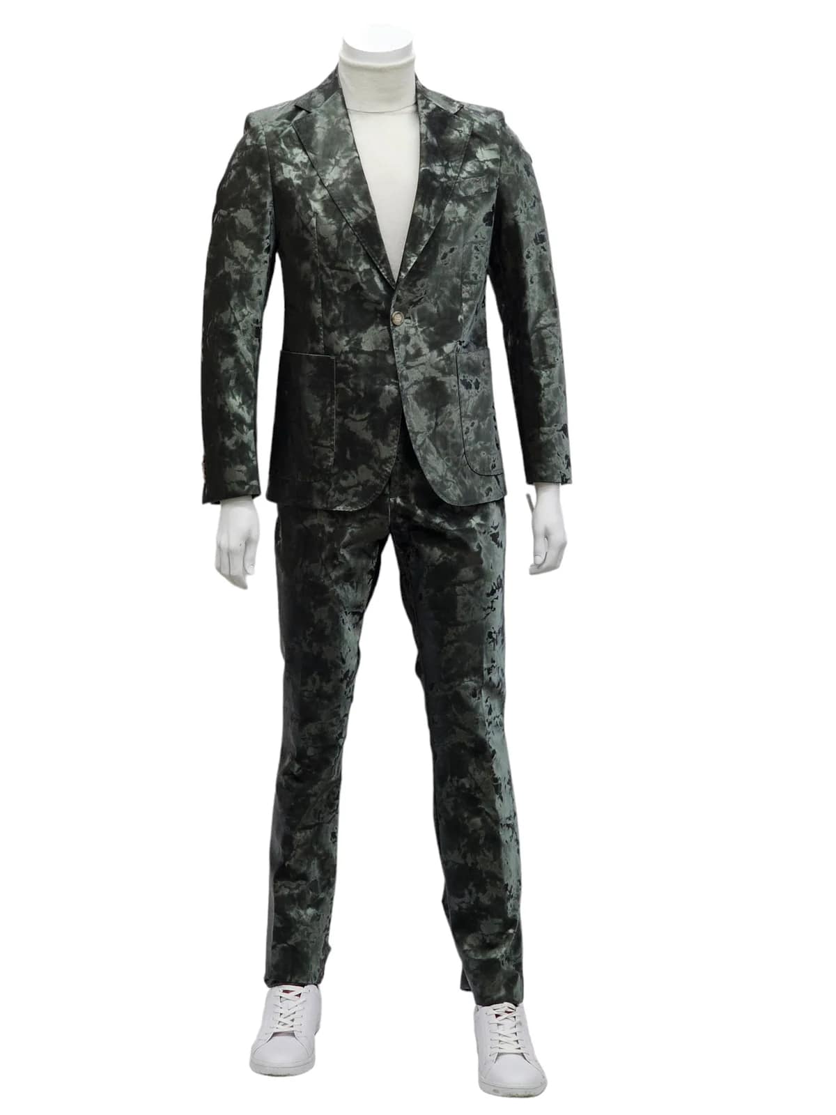 Mens 1 Button Slim Fit Faux Leather with Patch Pockets Green Suit - 34 Short or Extra Small