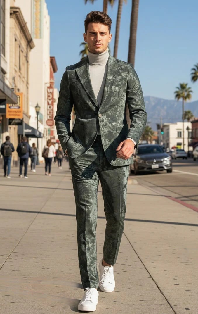 Mens 1 Button Slim Fit Faux Leather with Patch Pockets Green Suit - 34 Short or Extra Small