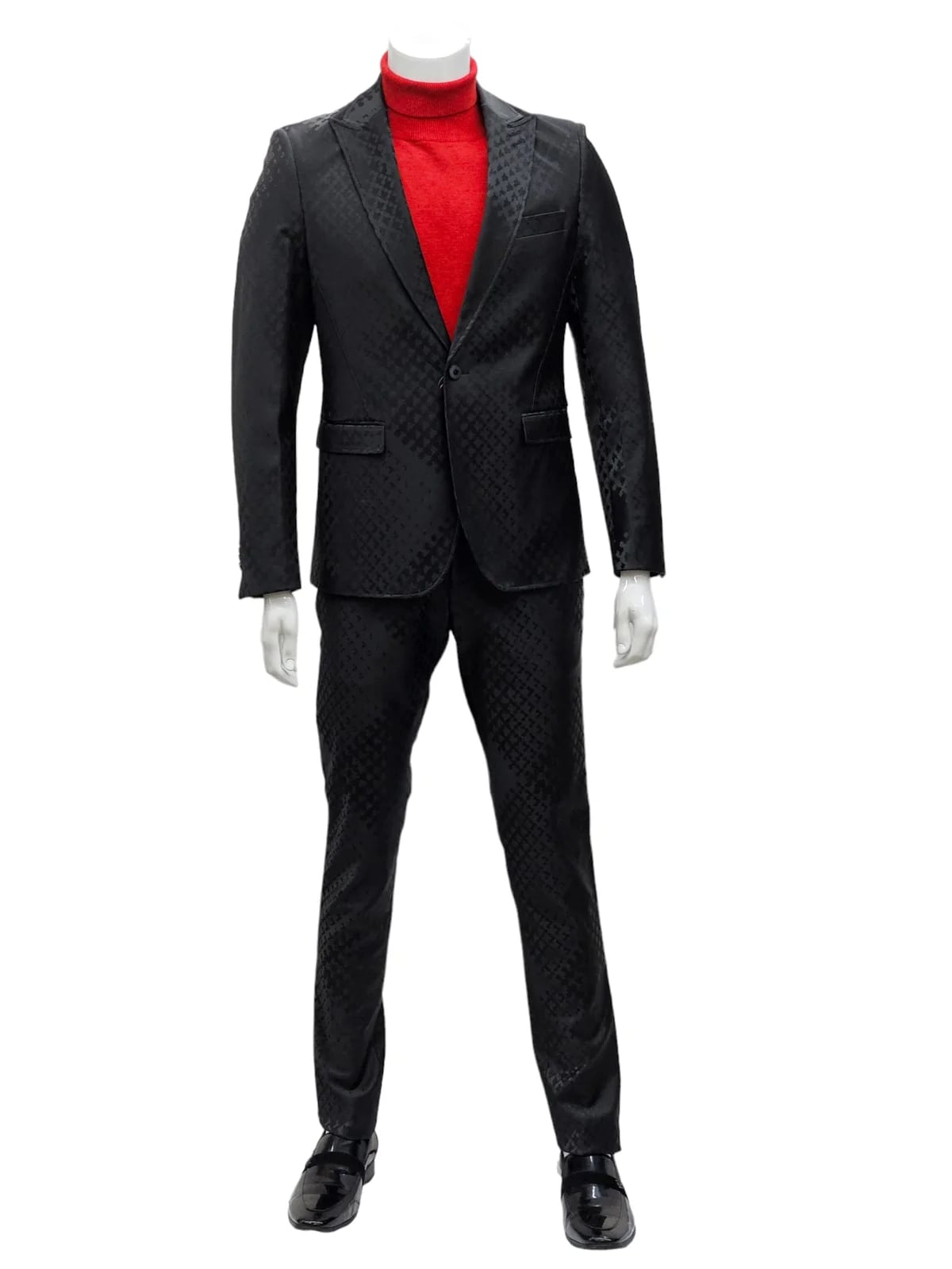 Mens One Button Peak Lapel Suit Black on Black - 34 Short or Extra Small