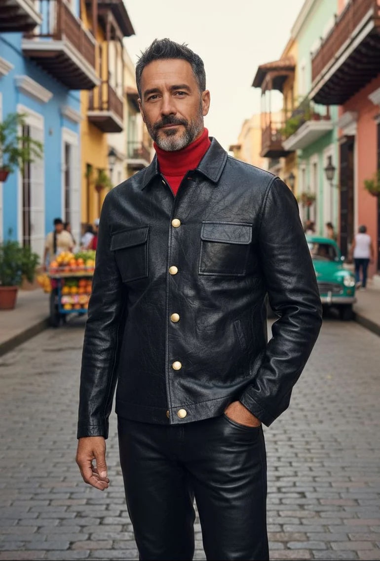 Mens Five Button Slim Fit Leather Suit Black - 34 Short or Extra Small