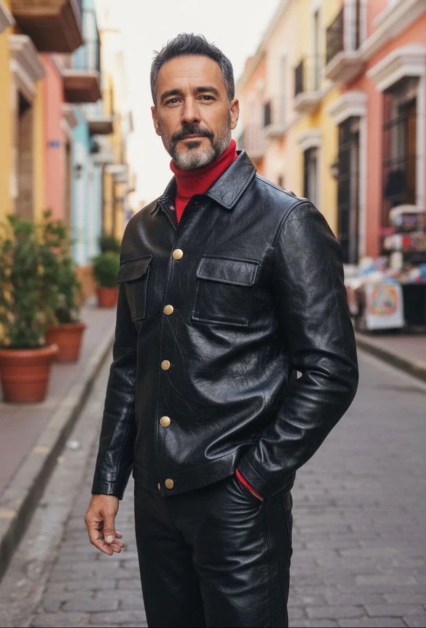 Mens Five Button Slim Fit Leather Suit Black - 34 Short or Extra Small