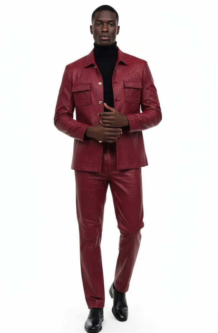 Two Piece Slim Fit Faux Leather Casual Suit Burgundy - 34 Short or Extra Small