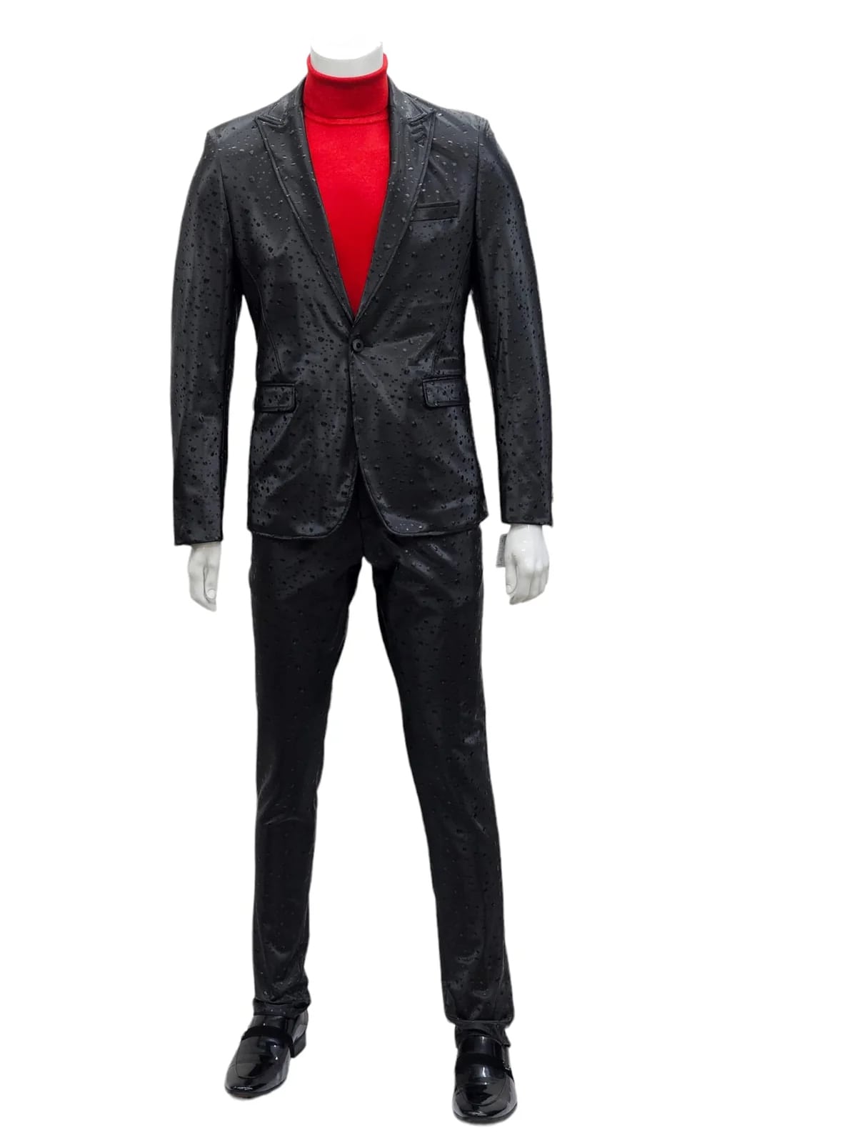 Mens One Button Peak Lapel Suit Black-Rain - 34 Short or Extra Small