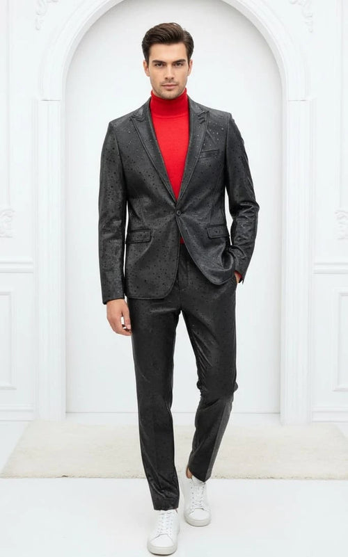 Mens One Button Peak Lapel Suit Black-Rain