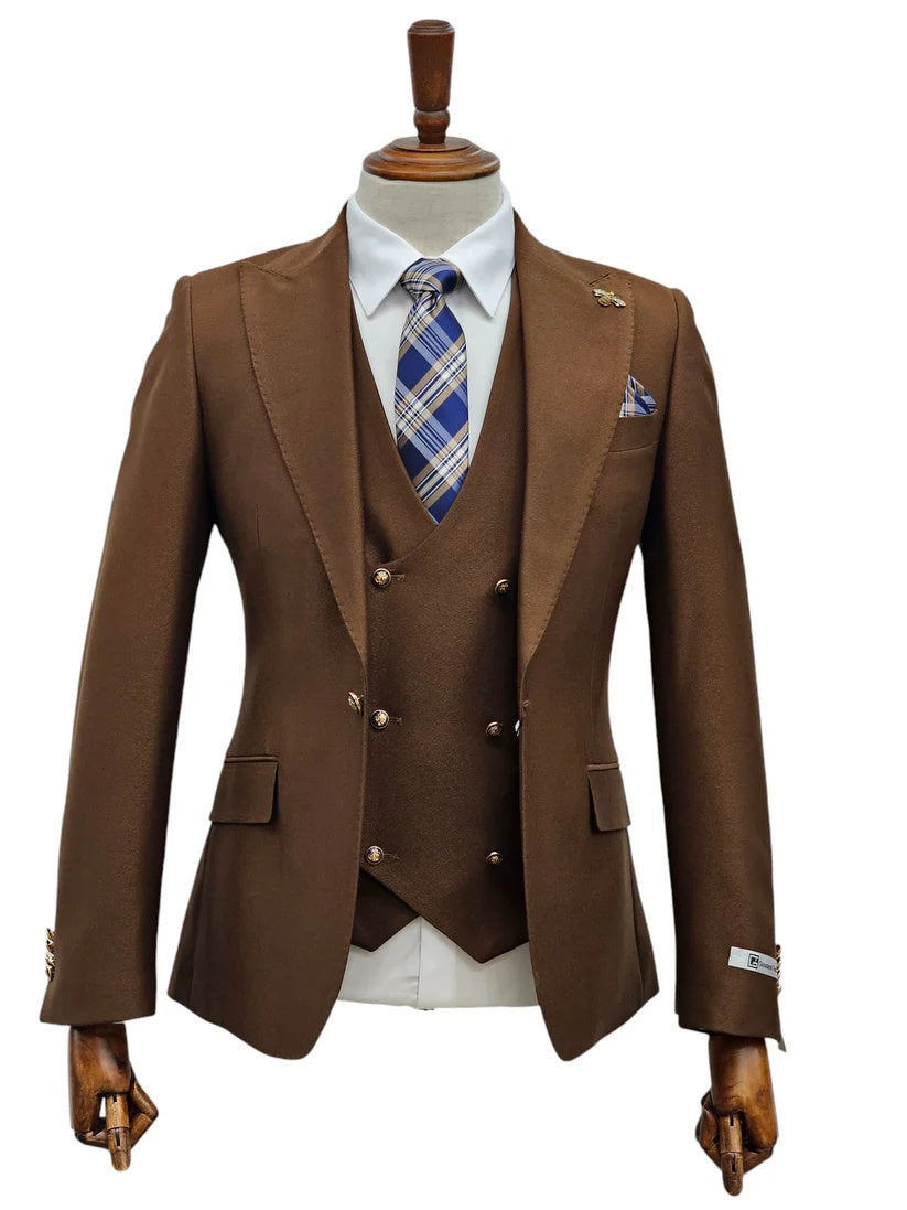 Mens Giovanni Testi Brown 3 Piece Slim Fit Suit – Peak Lapel, Double Breasted Vest, Center Vent Blazer - 34 Short or Extra Small
