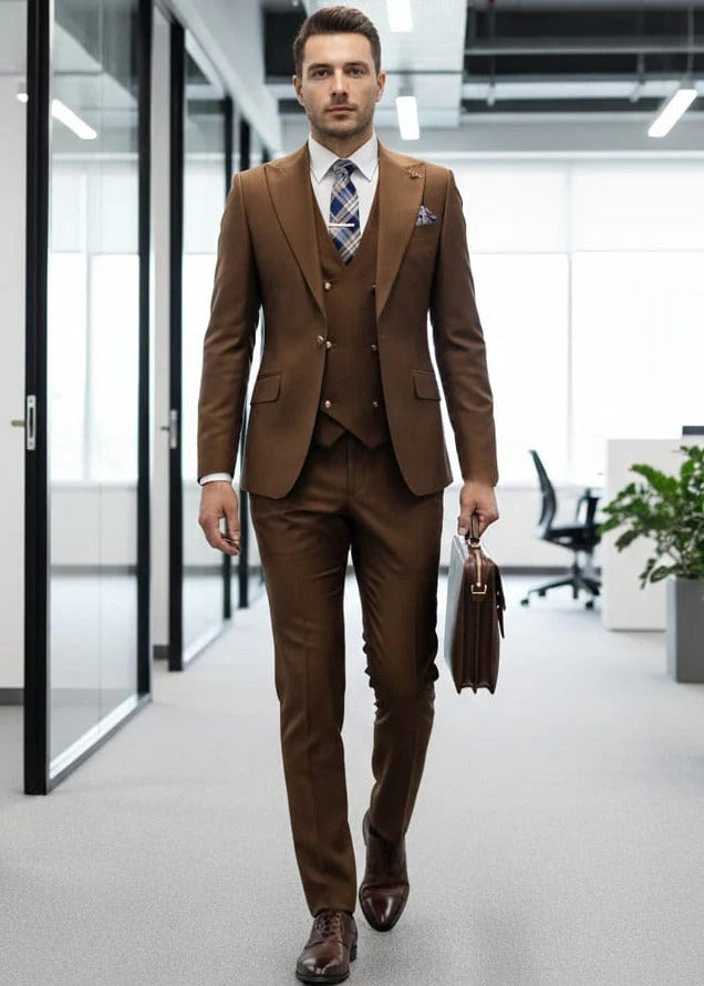 Mens Giovanni Testi Brown 3 Piece Slim Fit Suit – Peak Lapel, Double Breasted Vest, Center Vent Blazer - 34 Short or Extra Small