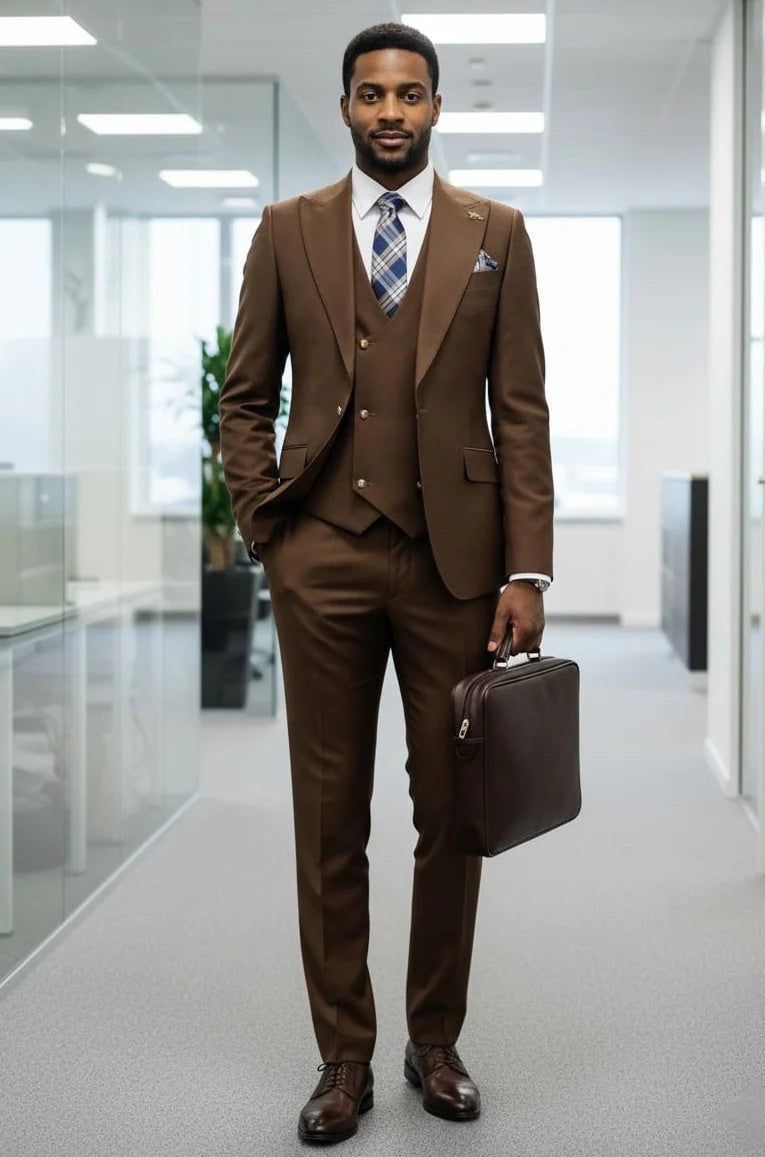 Mens Giovanni Testi Brown 3 Piece Slim Fit Suit – Peak Lapel, Double Breasted Vest, Center Vent Blazer - 34 Short or Extra Small