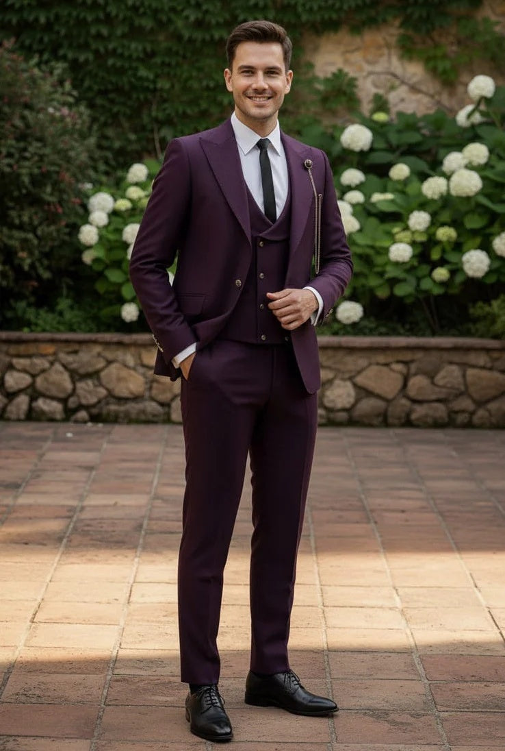 Mens Giovanni Testi Eggplant 3 Piece Suit – Slim Fit 1 Button Peak Lapel Formal Tuxedo Suit - 34 Short or Extra Small