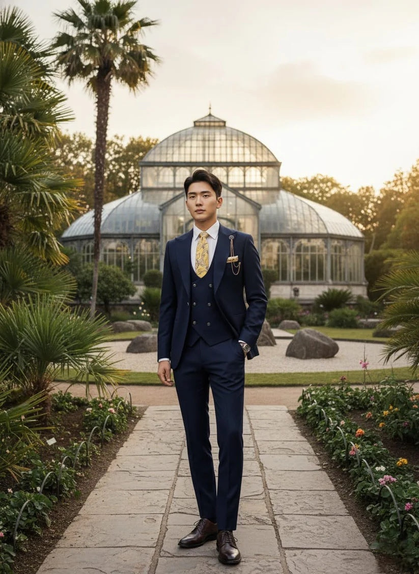 Giovanni Testi Navy Blue 3 Piece Suit – Slim Fit 1 Button Peak Lapel with Double Breasted Vest - 34 Short or Extra Small