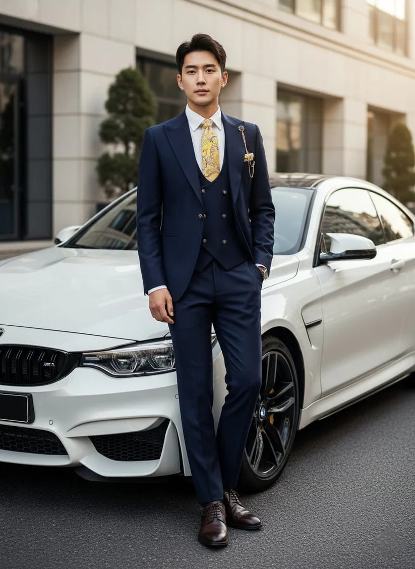 Giovanni Testi Navy Blue 3 Piece Suit – Slim Fit 1 Button Peak Lapel with Double Breasted Vest - 34 Short or Extra Small