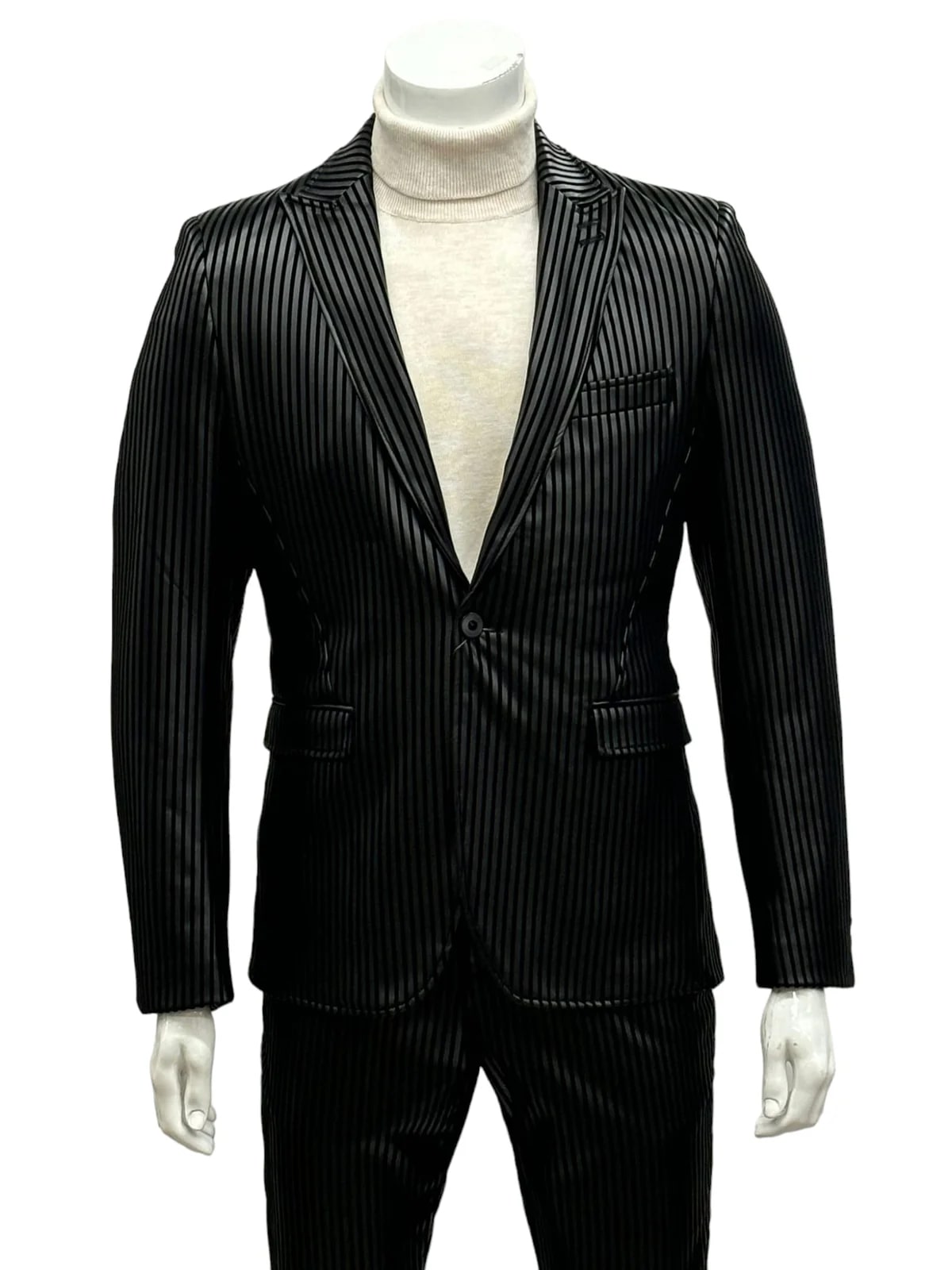 Mens One Button Side Vent Peak Lapel Suit Black - 34 Short or Extra Small