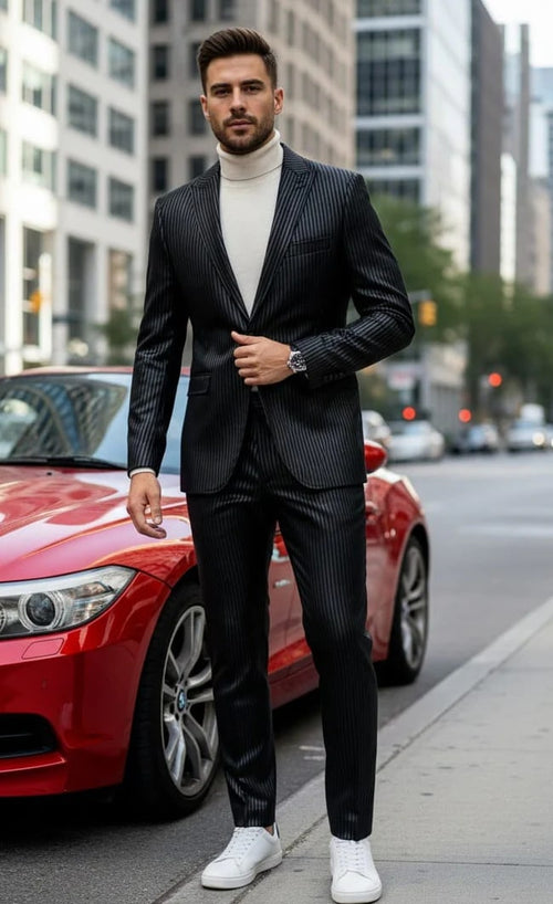 Mens One Button Side Vent Peak Lapel Suit Black