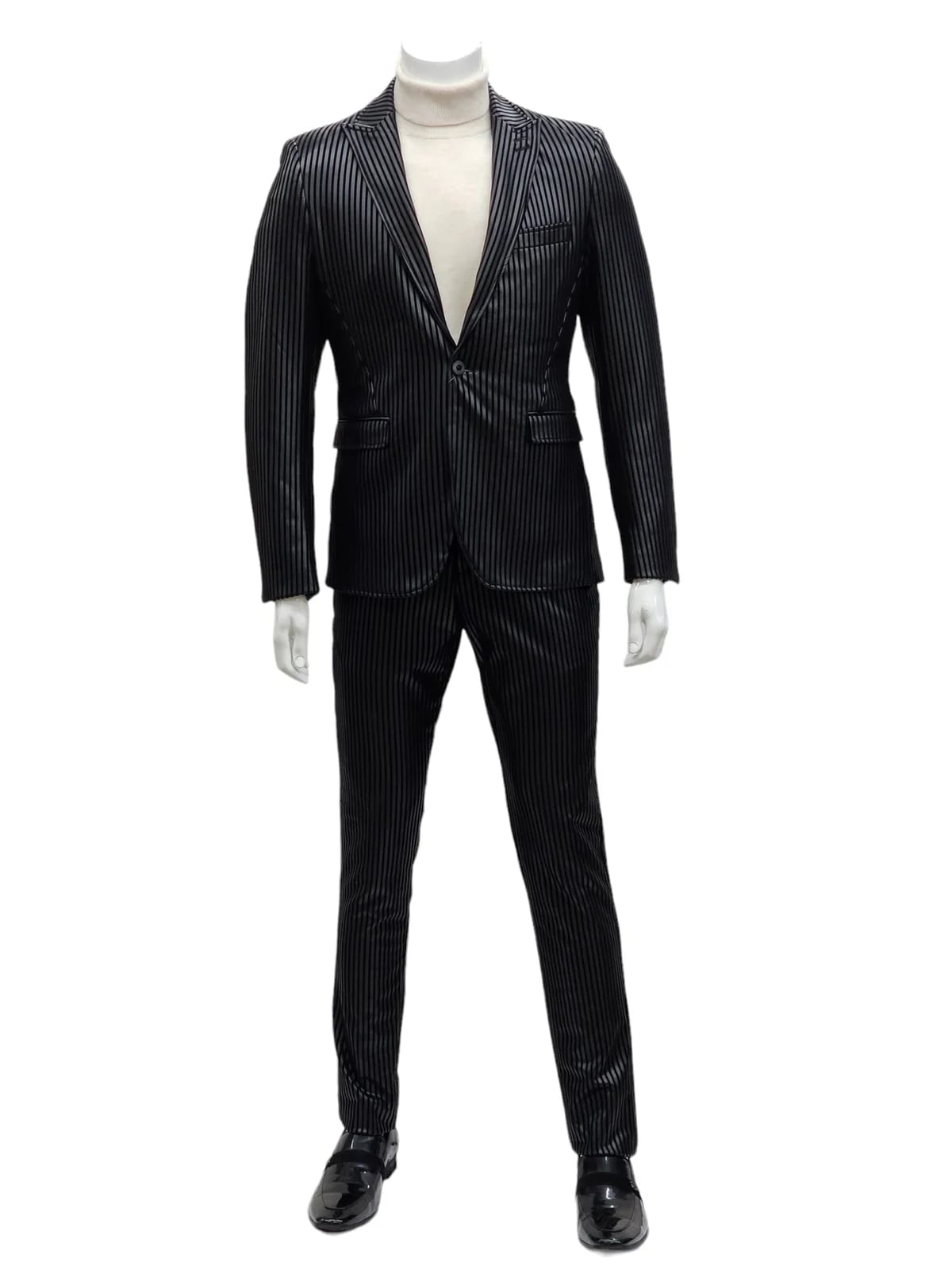 Mens One Button Side Vent Peak Lapel Suit Black - 34 Short or Extra Small