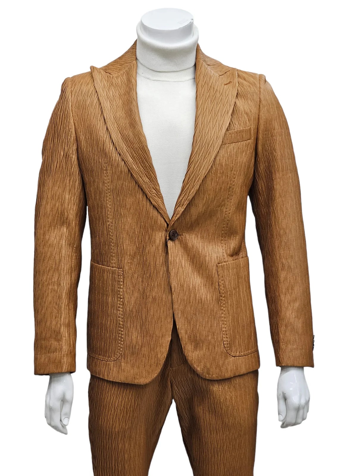 Mens 1 Button Peak Lapel Vegan Leather Suit Tan - 34 Short or Extra Small