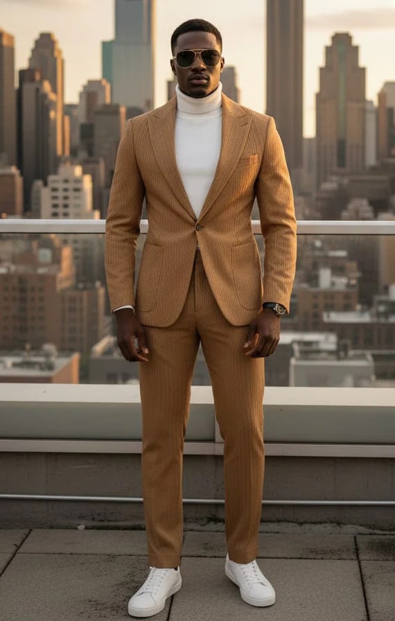 Mens 1 Button Peak Lapel Vegan Leather Suit Tan - 34 Short or Extra Small