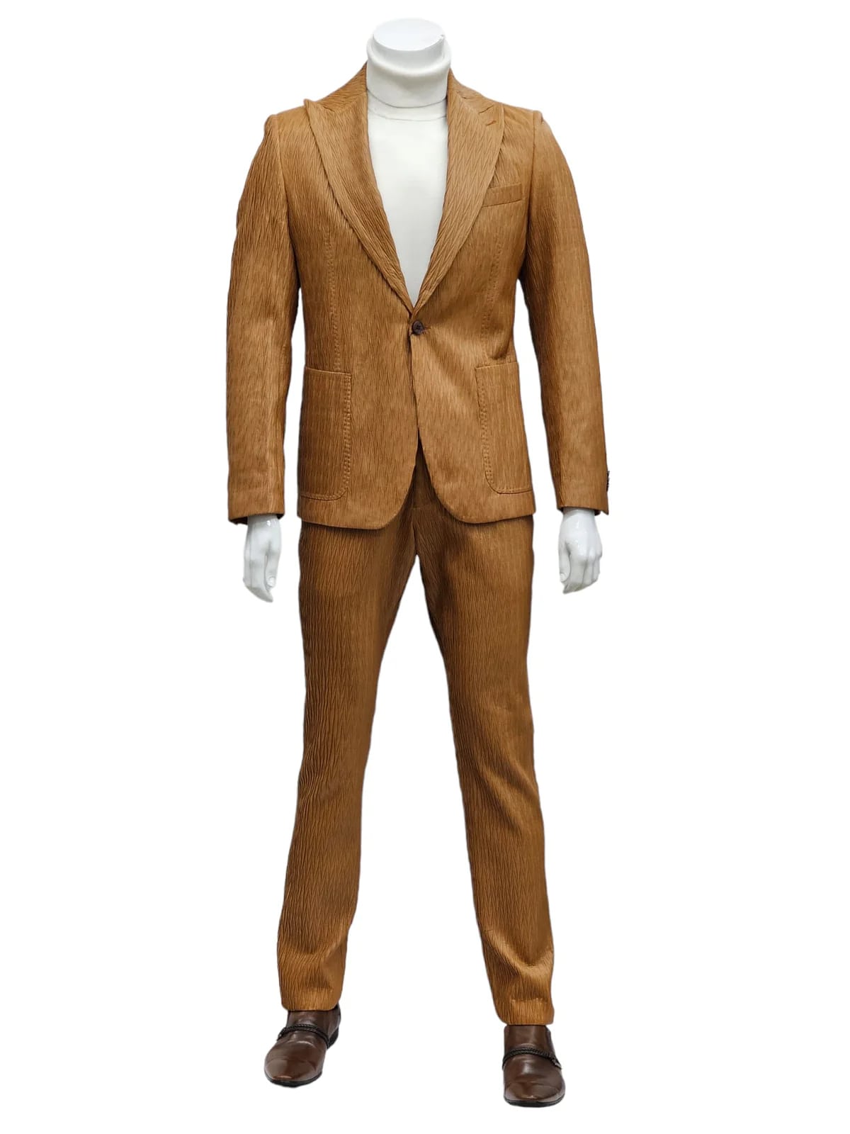 Mens 1 Button Peak Lapel Vegan Leather Suit Tan - 34 Short or Extra Small