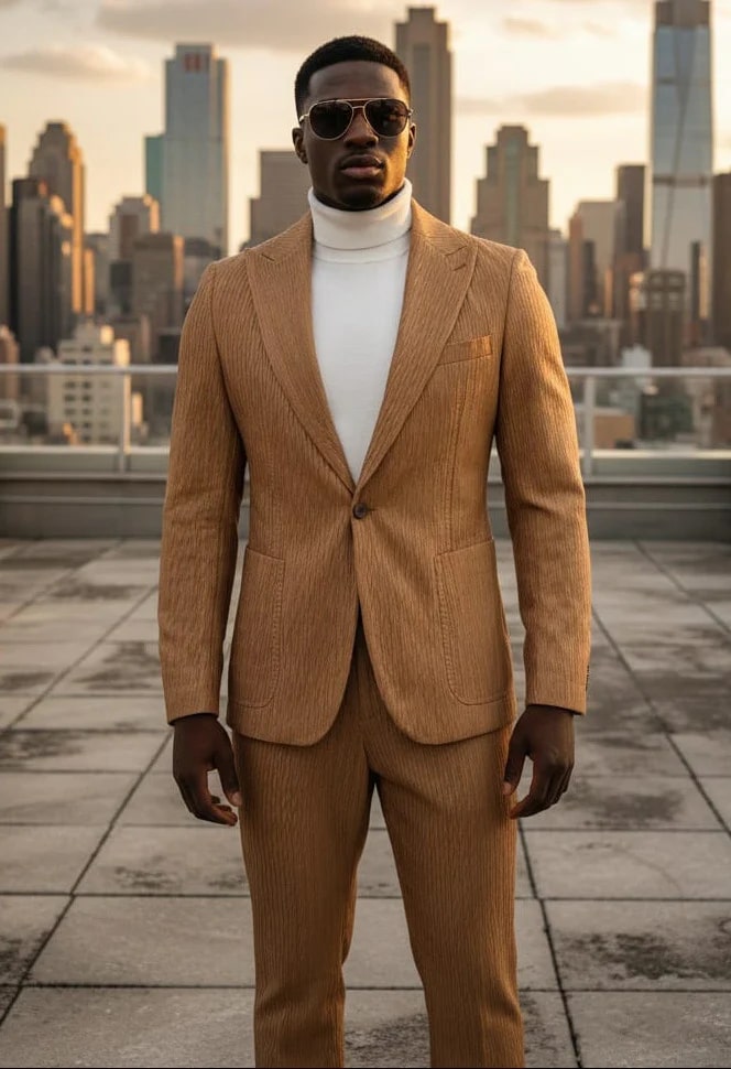 Mens 1 Button Peak Lapel Vegan Leather Suit Tan - 34 Short or Extra Small