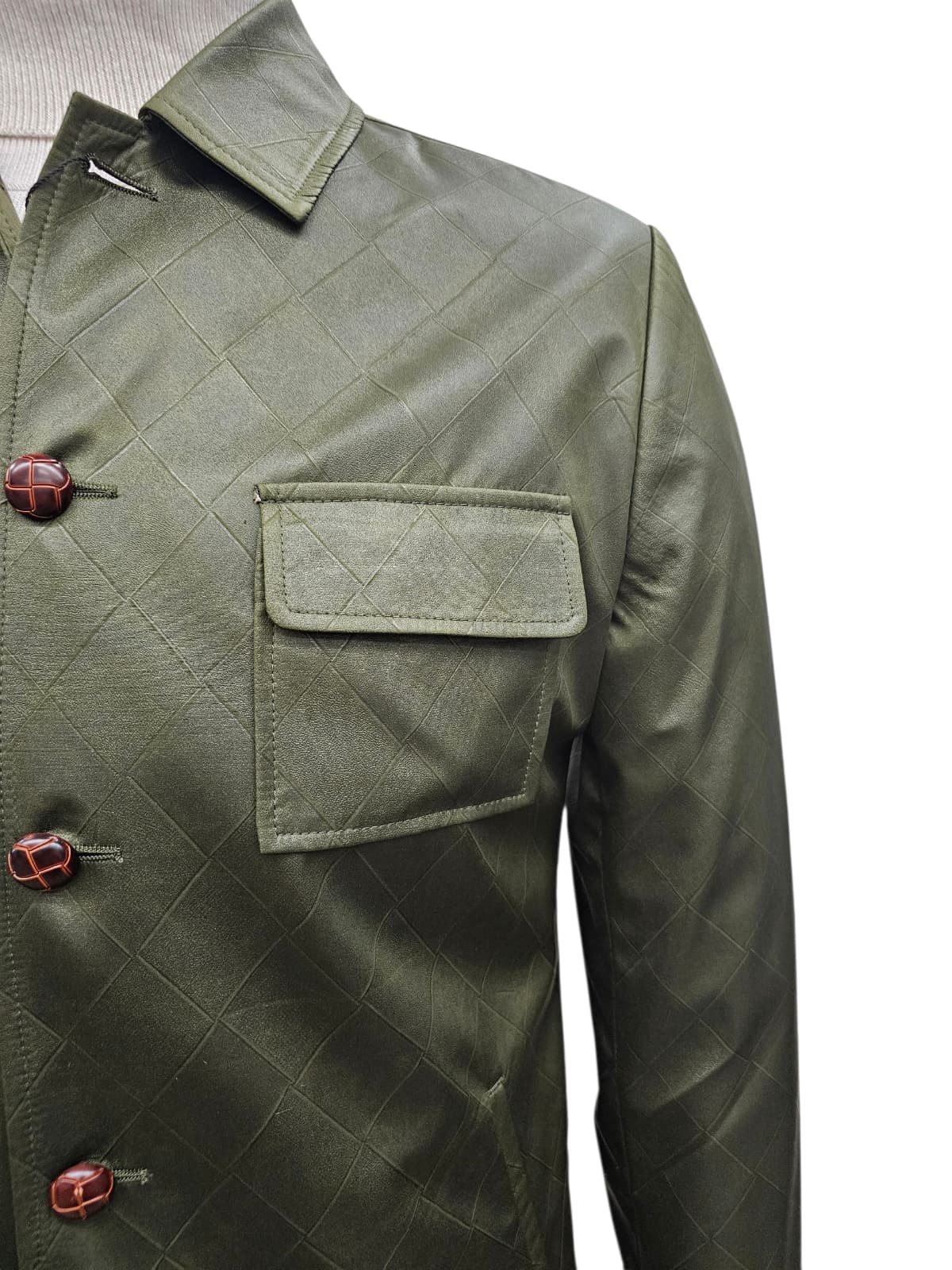 Mens Two Piece Slim Fit Faux Leather Casual Suit Olive - 34 Short or Extra Small
