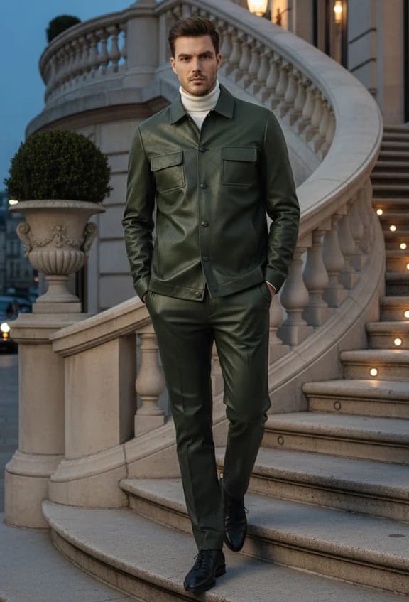 Mens Two Piece Slim Fit Faux Leather Casual Suit Olive - 34 Short or Extra Small
