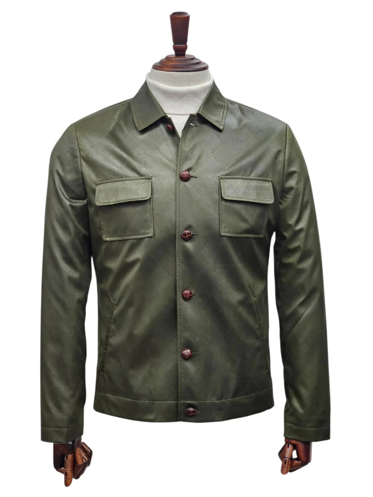 Mens Two Piece Slim Fit Faux Leather Casual Suit Olive - 34 Short or Extra Small
