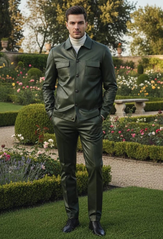 Mens Two Piece Slim Fit Faux Leather Casual Suit Olive - 34 Short or Extra Small