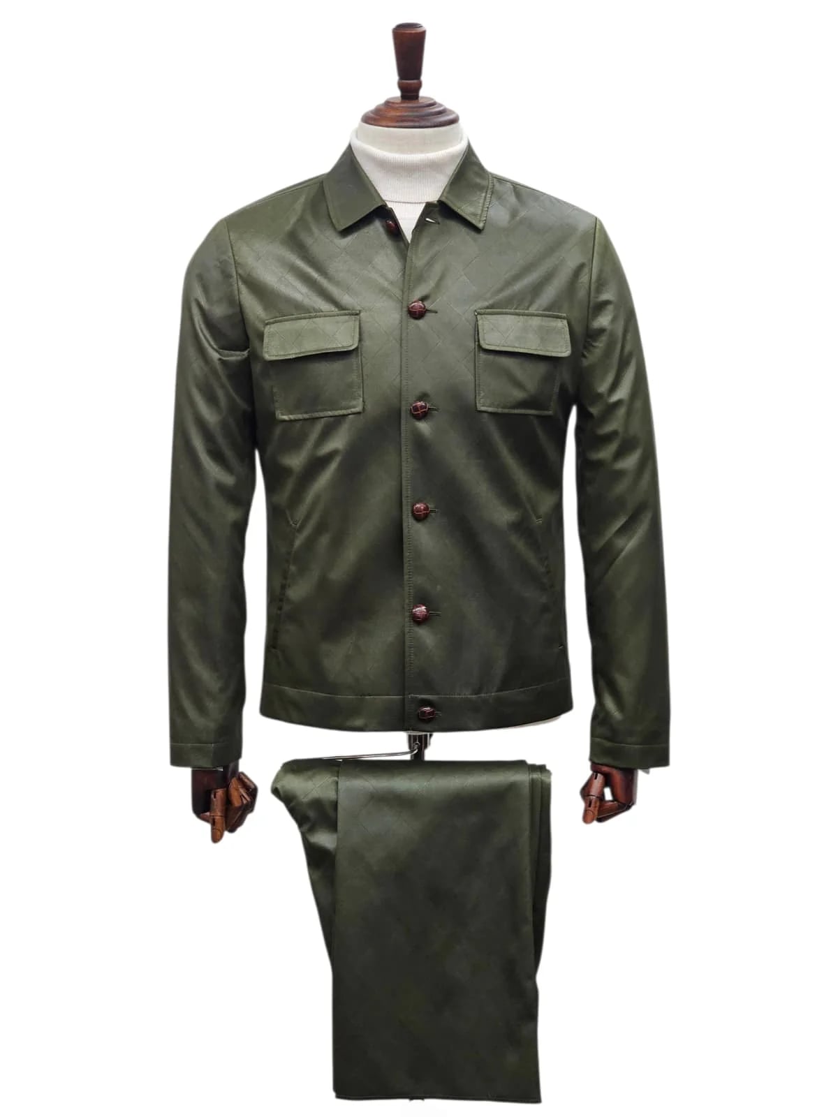 Mens Two Piece Slim Fit Faux Leather Casual Suit Olive - 34 Short or Extra Small