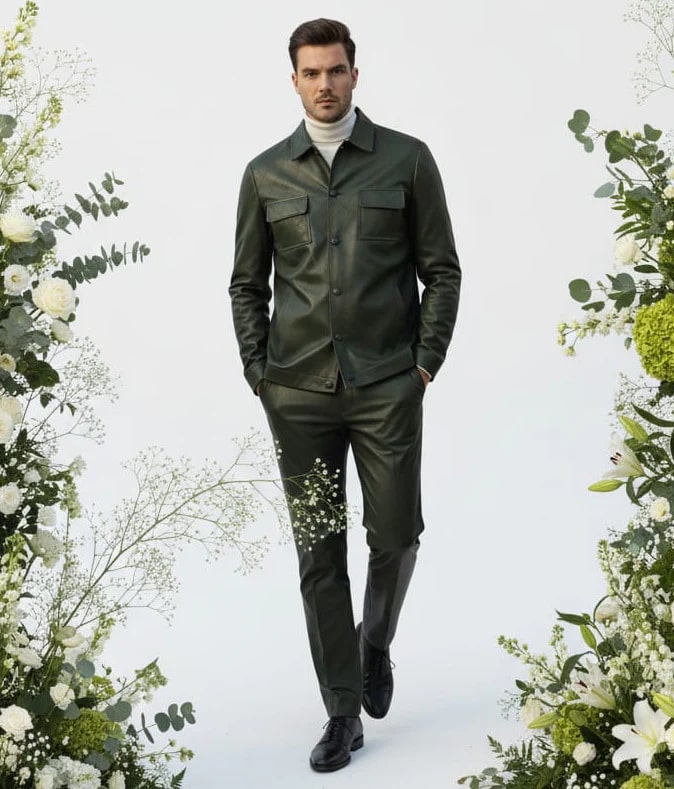 Mens Two Piece Slim Fit Faux Leather Casual Suit Olive - 34 Short or Extra Small