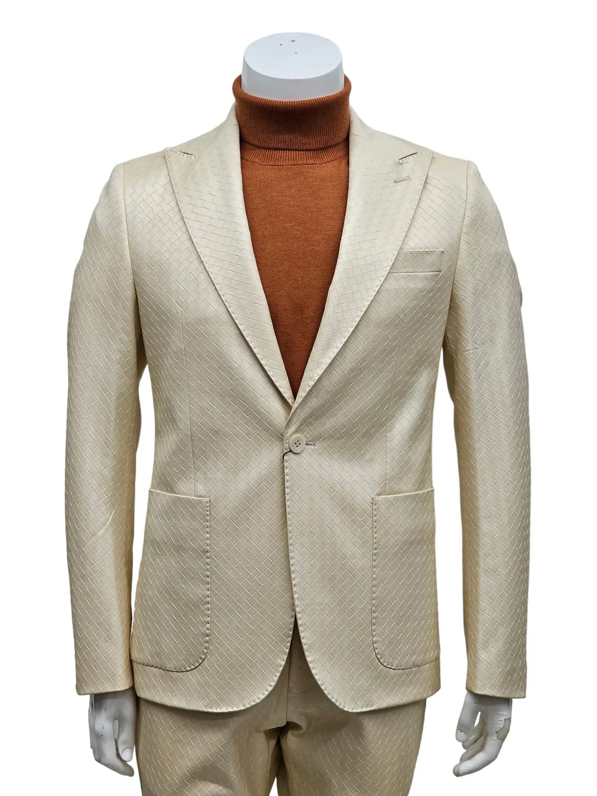 Mens One Button Peak Lapel Basket Weave Pattern Slim Fit Suit Ivory - 34 Short or Extra Small