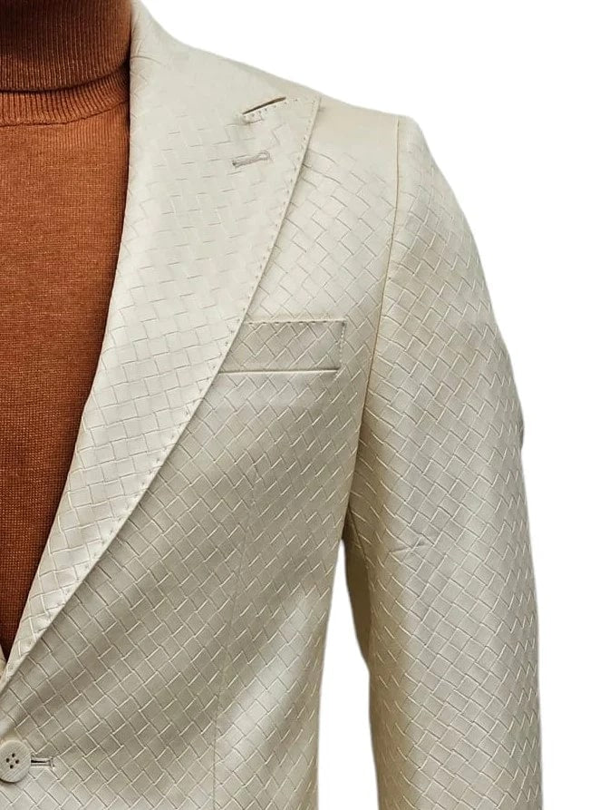 Mens One Button Peak Lapel Basket Weave Pattern Slim Fit Suit Ivory