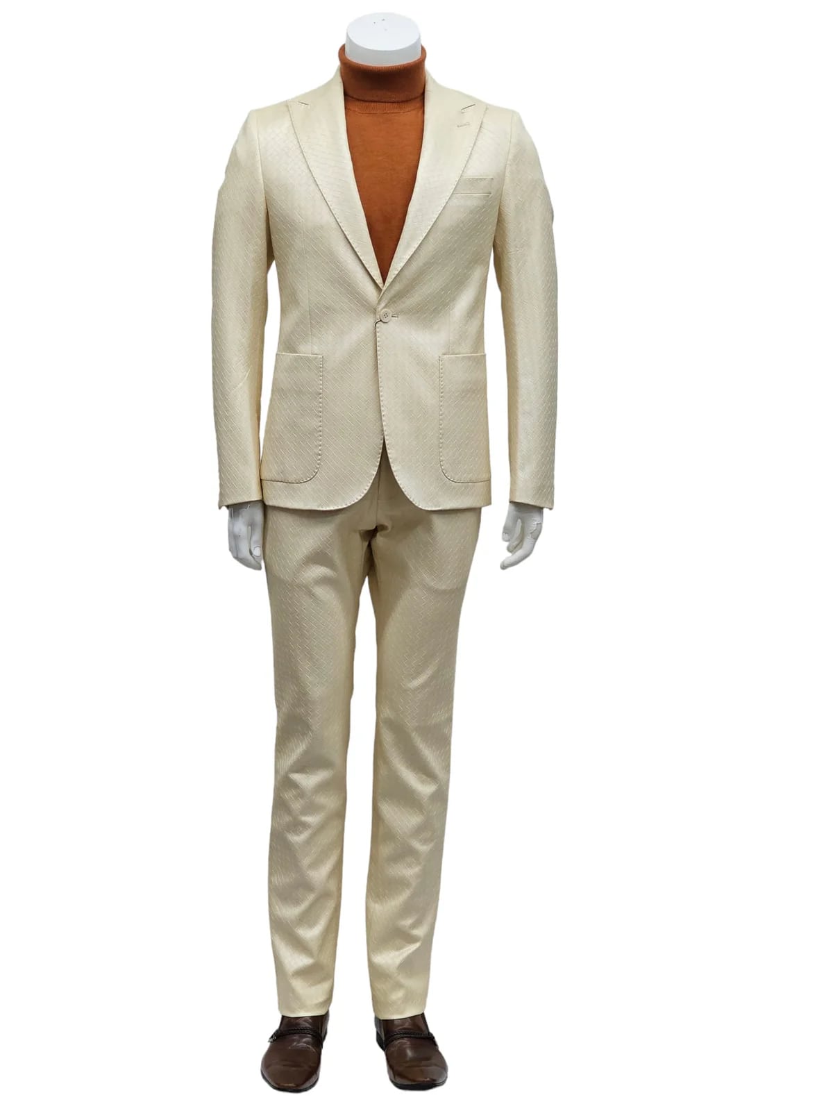 Mens One Button Peak Lapel Basket Weave Pattern Slim Fit Suit Ivory - 34 Short or Extra Small