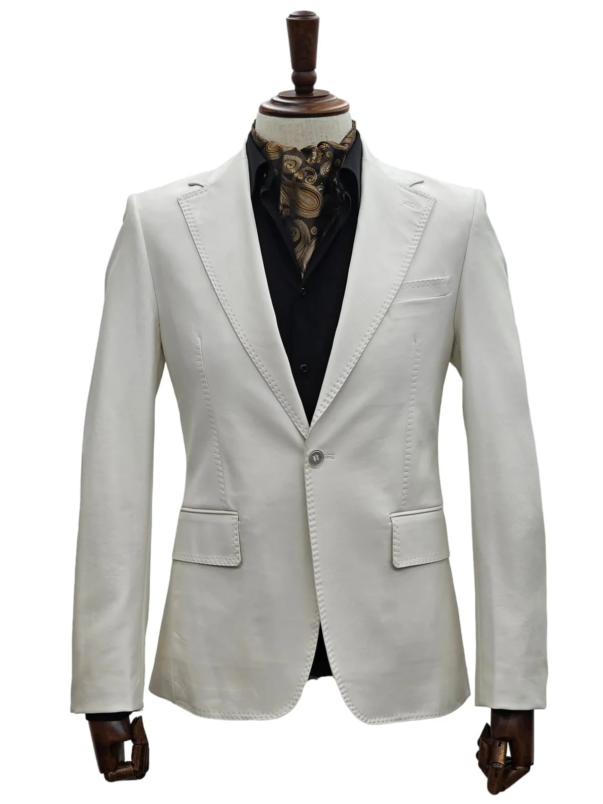 Mens 1 Button Slim Fit Leather Suit Bone - 34 Short or Extra Small