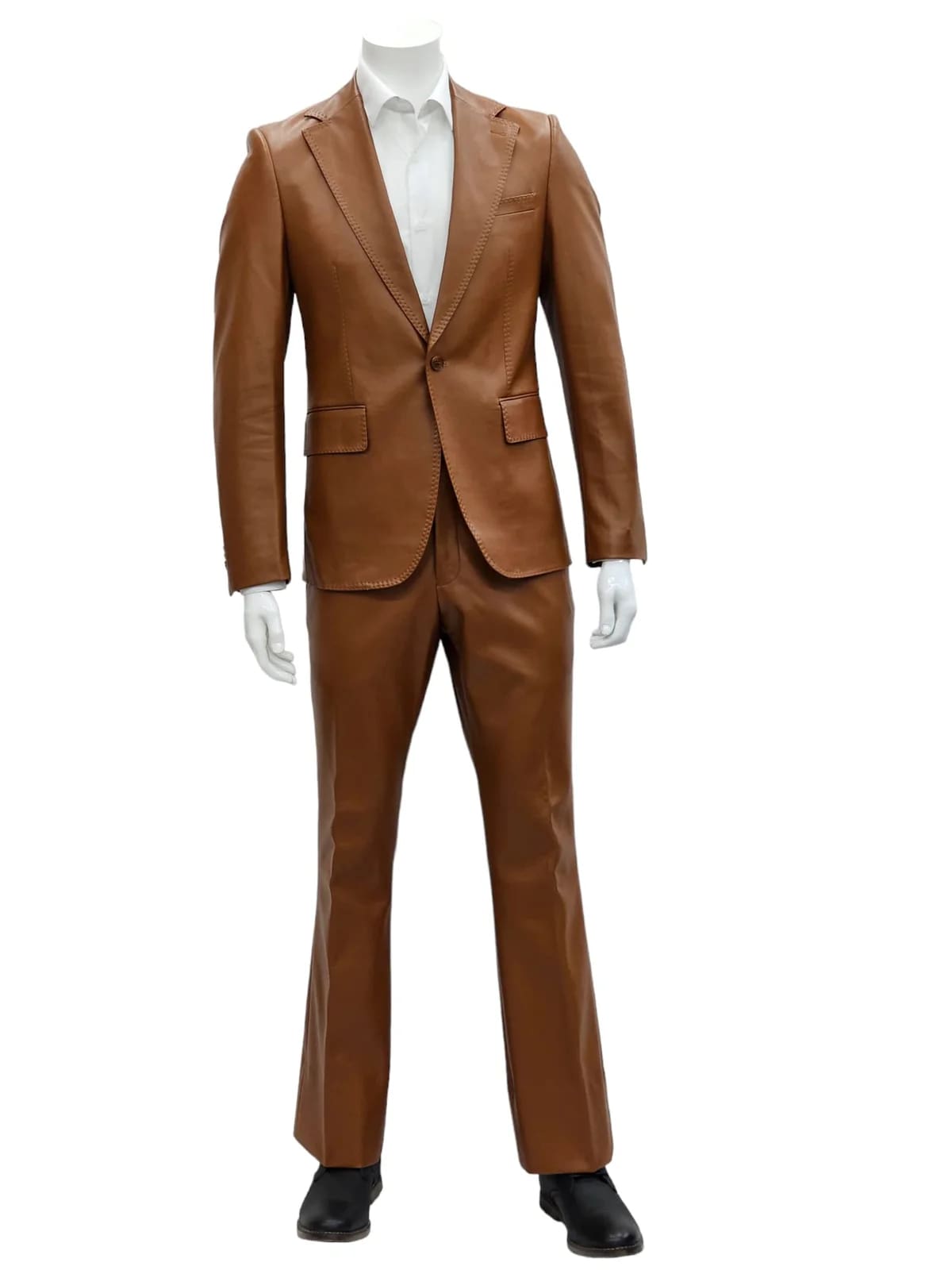 Mens 1 Button Slim Fit Leather Suit Caramel - 34 Short or Extra Small