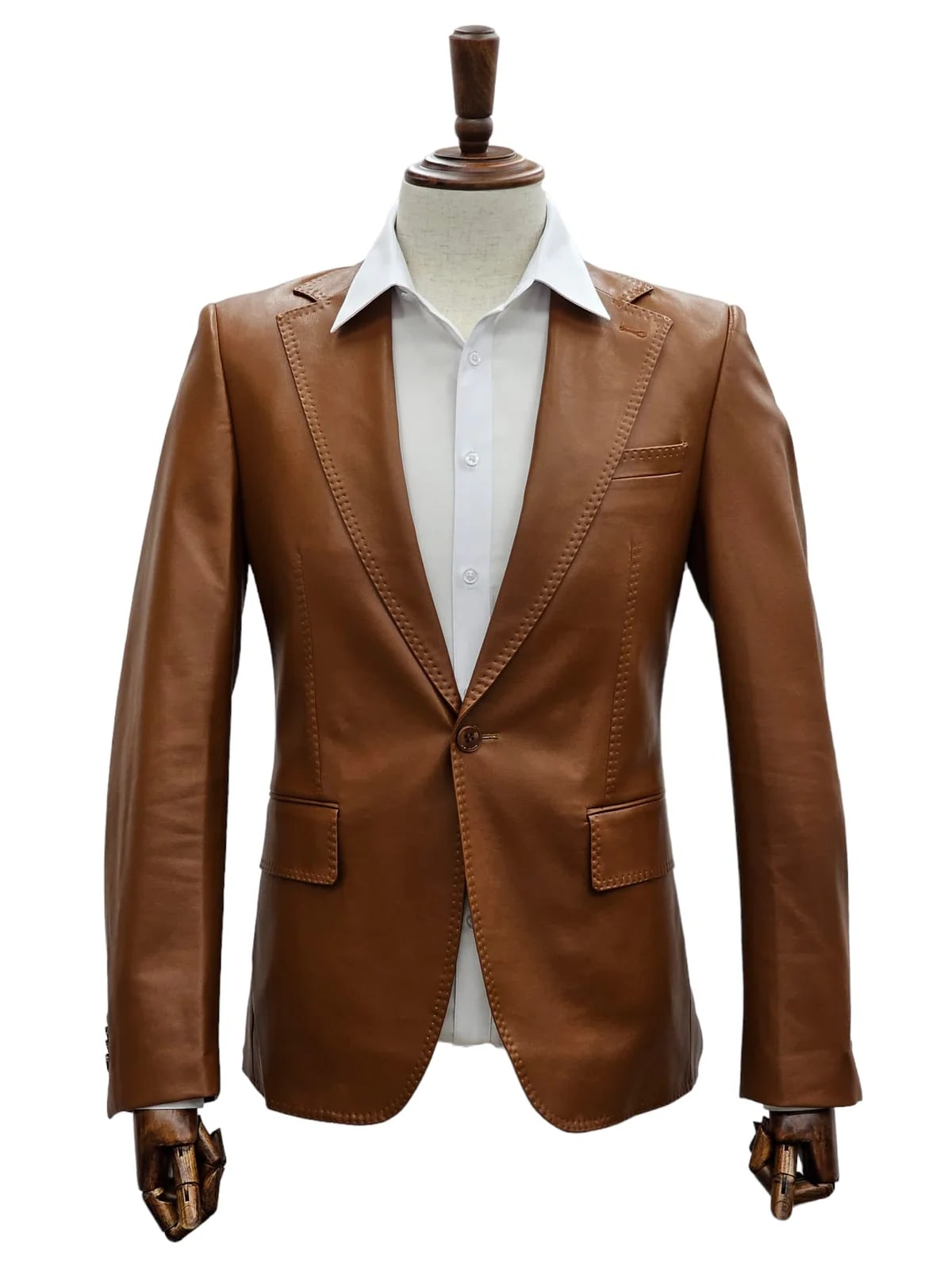 Mens 1 Button Slim Fit Leather Suit Caramel - 34 Short or Extra Small