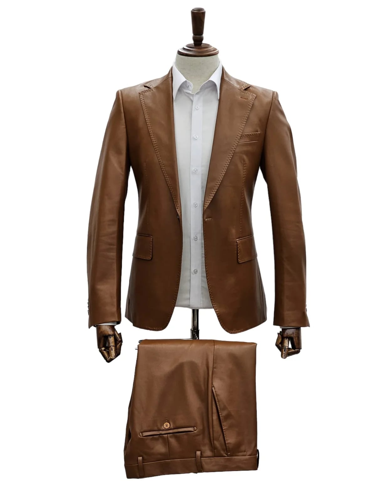 Mens 1 Button Slim Fit Leather Suit Caramel - 34 Short or Extra Small