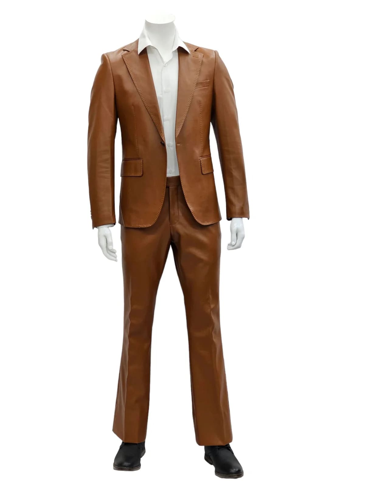 Mens 1 Button Slim Fit Leather Suit Caramel - 34 Short or Extra Small