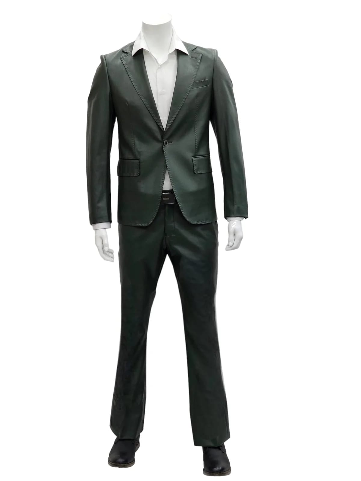 Mens 1 Button Slim Fit Leather Suit Olive - 34 Short or Extra Small