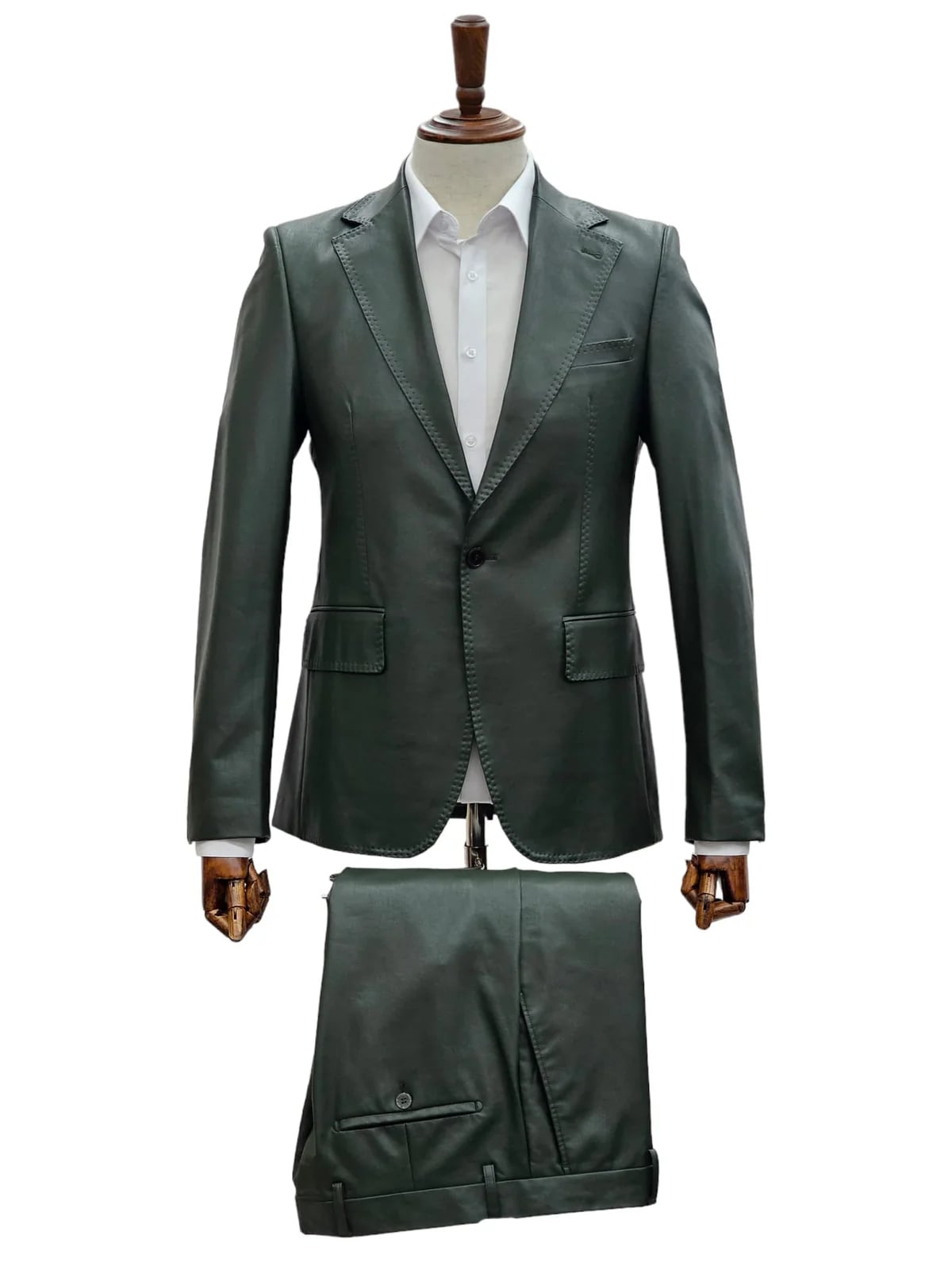 Mens 1 Button Slim Fit Leather Suit Olive - 34 Short or Extra Small