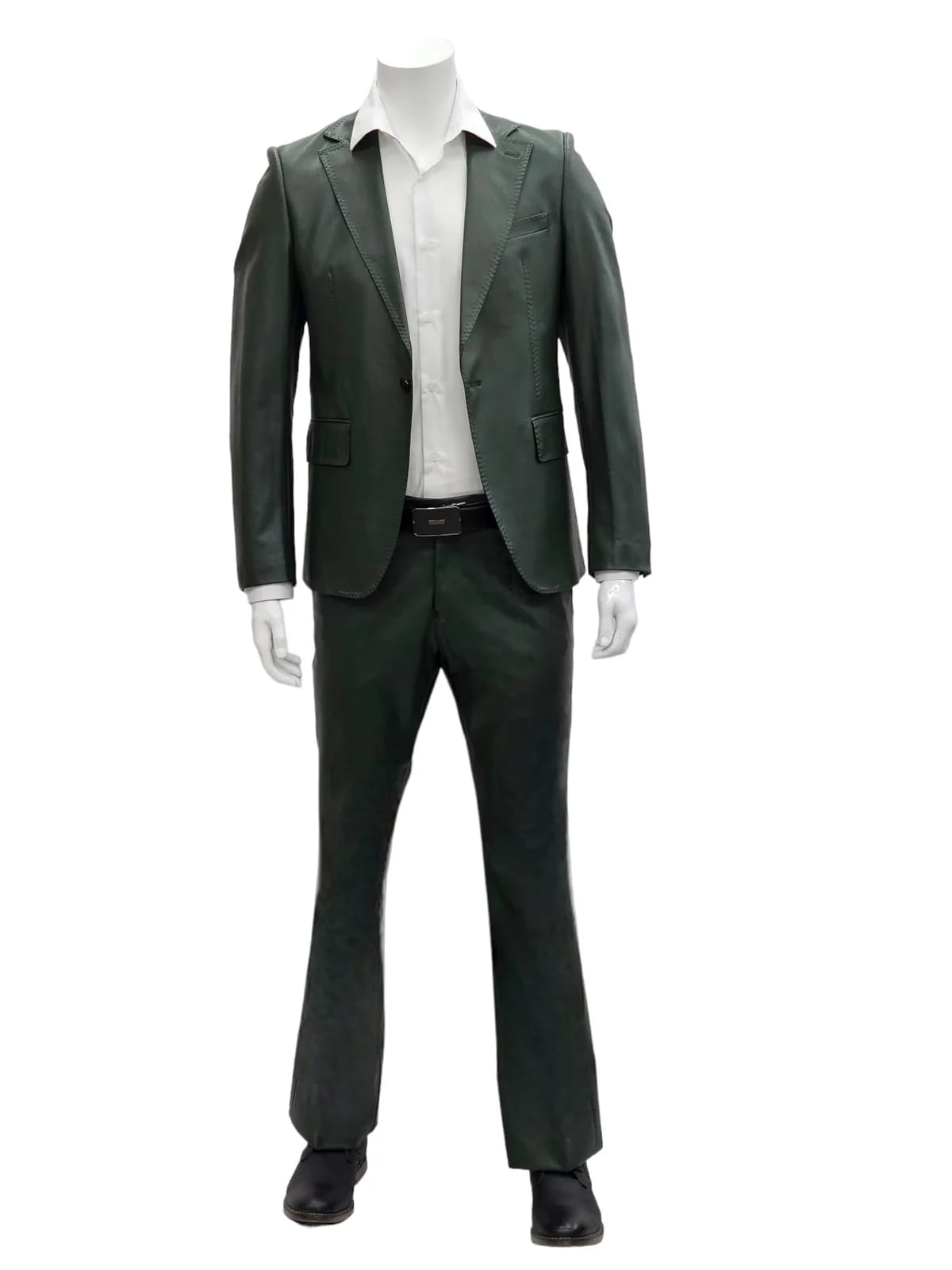 Mens 1 Button Slim Fit Leather Suit Olive - 34 Short or Extra Small
