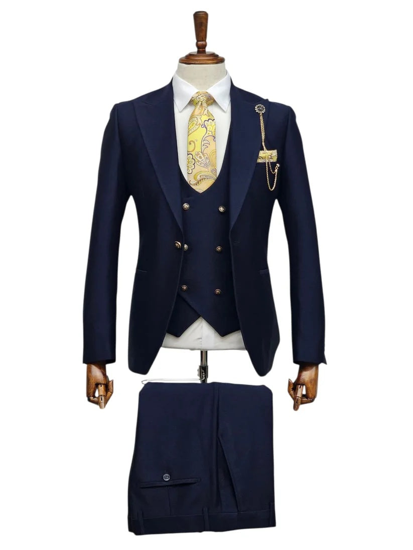 Giovanni Testi Navy Blue 3 Piece Suit – Slim Fit 1 Button Peak Lapel with Double Breasted Vest - 34 Short or Extra Small