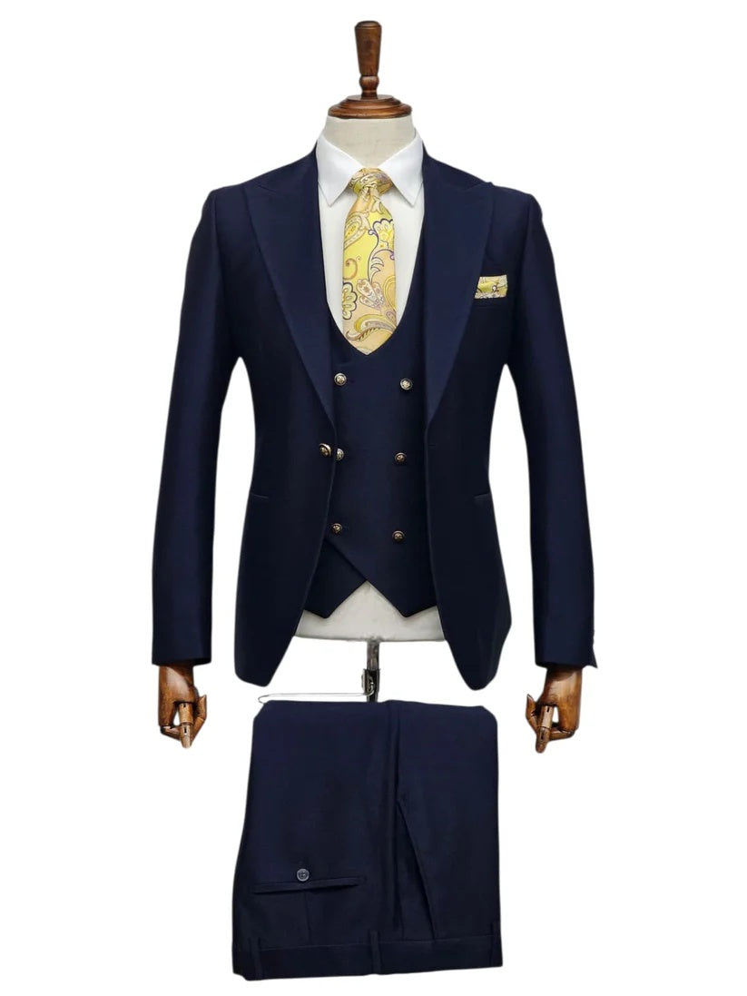 Giovanni Testi Navy Blue 3 Piece Suit – Slim Fit 1 Button Peak Lapel with Double Breasted Vest - 34 Short or Extra Small