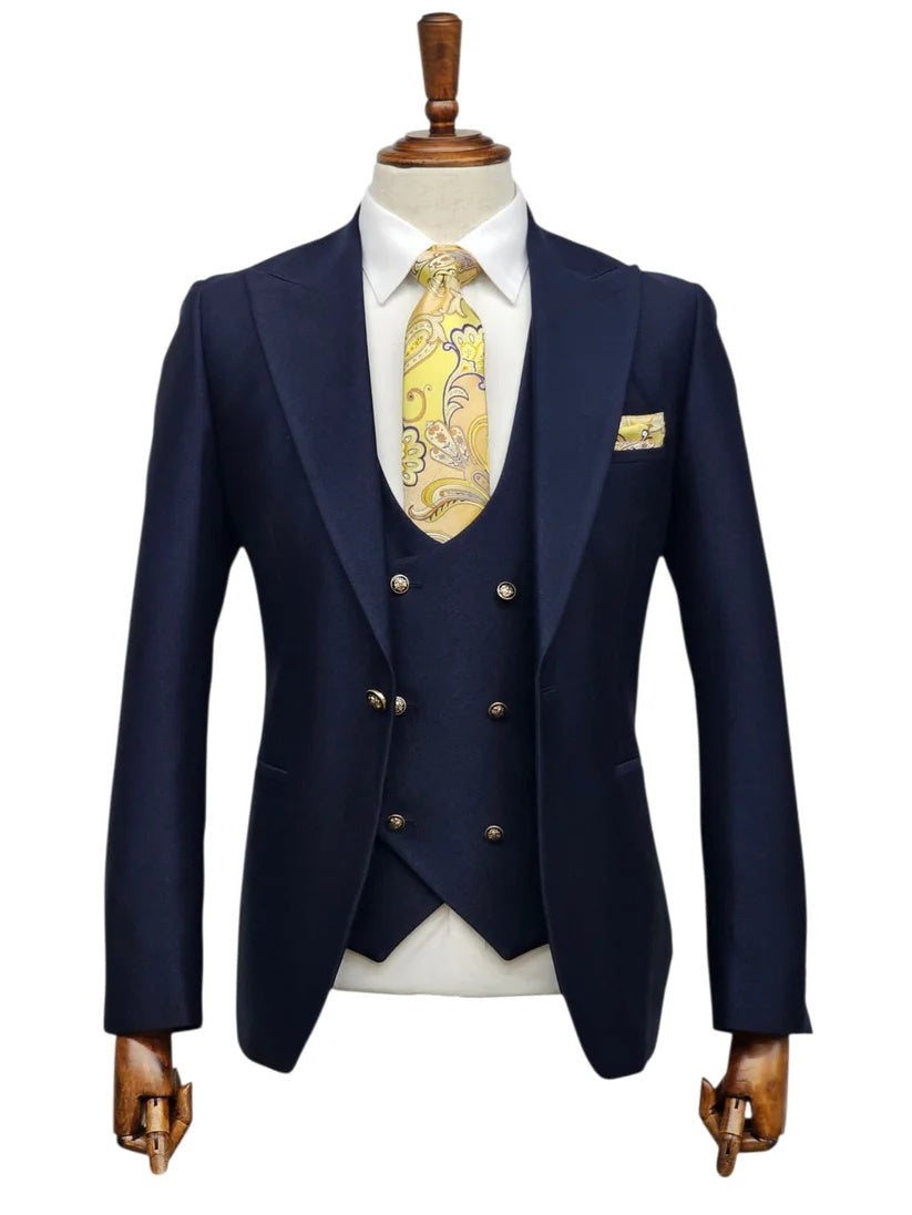 Giovanni Testi Navy Blue 3 Piece Suit – Slim Fit 1 Button Peak Lapel with Double Breasted Vest - 34 Short or Extra Small